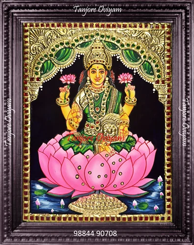 Mahalakshmi on a Lotus Tanjore painting seated pink lotus lion throne gold foil artwork